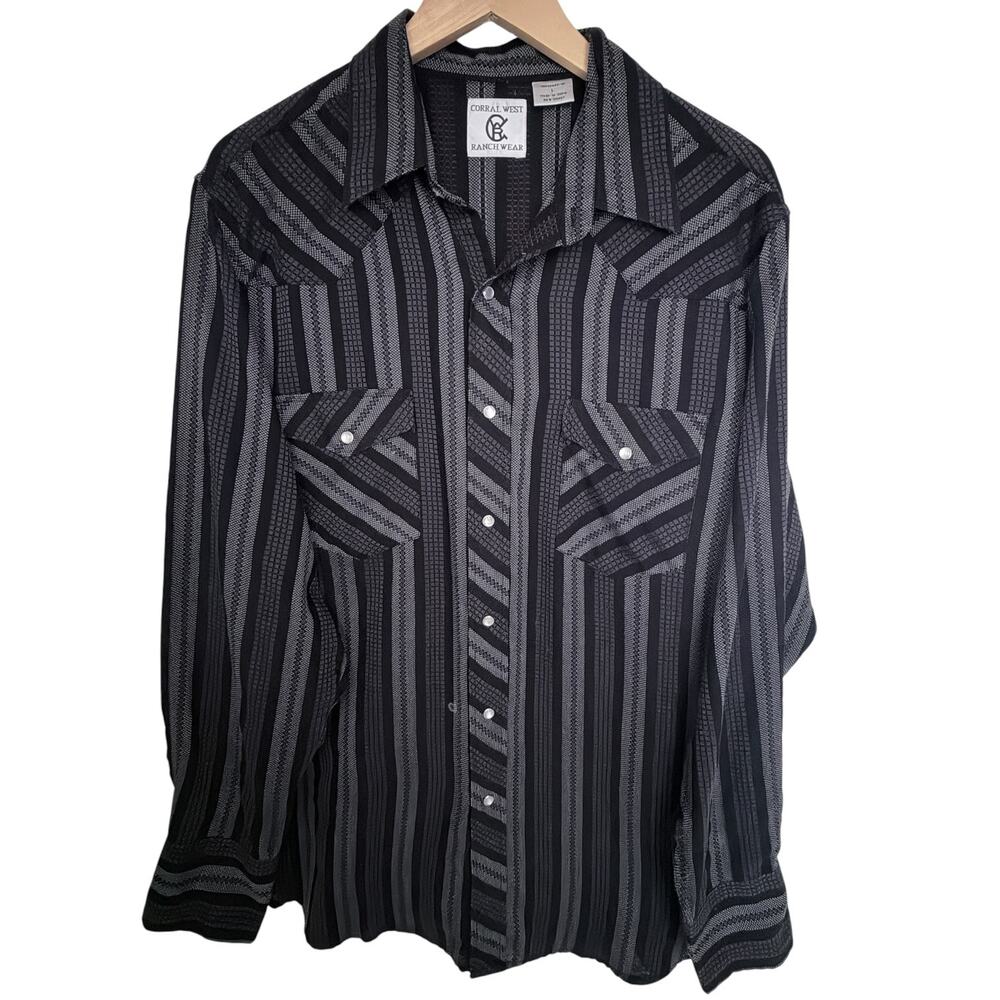 Corral West Ranchwear Western Shirt Mens Large Black Gray Pearl Snap Long Sleeve